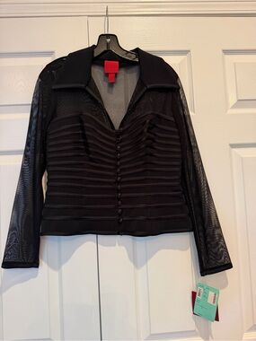 JS Collections NWT Sheer Mesh Ribbon Tiered Blouse Jacket Black Petite 10